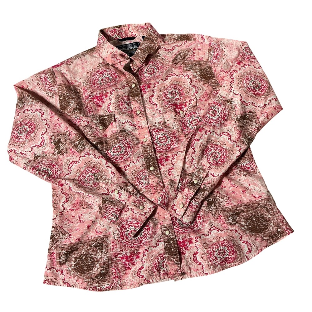 Rough Stock Paisley Western Snap Shirt Womens L Pink Brown Medallion Cotton Top